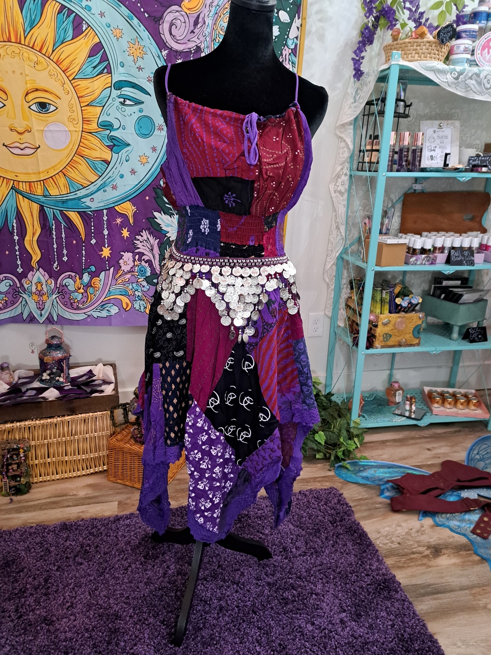 Bohemian Purple Patchwork Gypsy Dress with Coin Belt